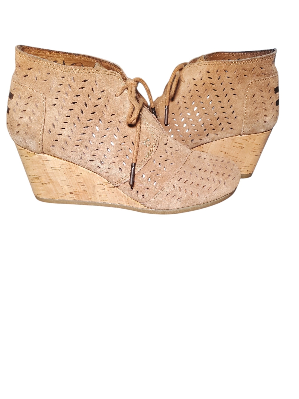 TOMS Perforated Leaf Desert Suede Lace-Up Wedge Booties